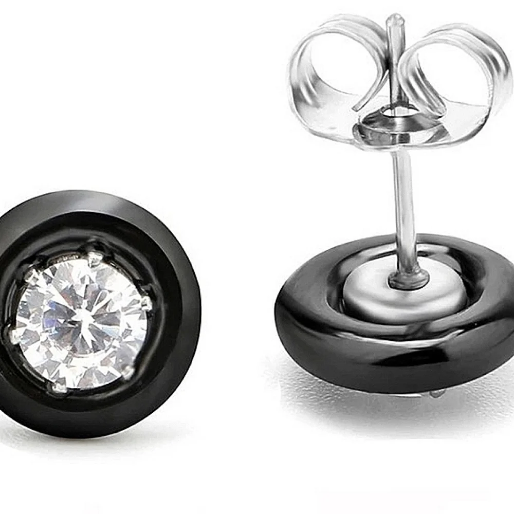 NEW Black‎ Ceramic 1 Carat Solitaire Diamond Stud Earrings, 9mm
